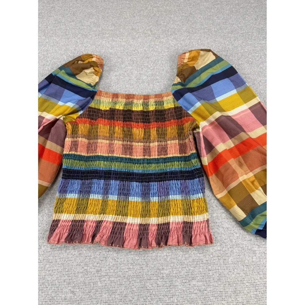 Farm Rio Rainbow Plaid Smocked Puff Sleeve Cotton Top Square Neck Multi Color
